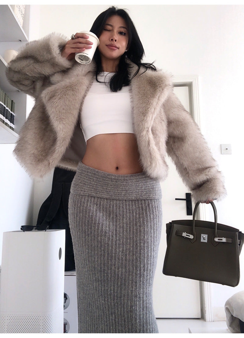 Europe and America wind lapel fur short fox fur coat fashion simple female environmental protection.