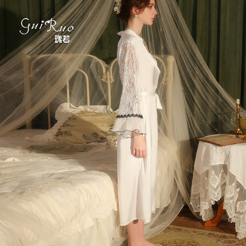 DZ Guiruo Brand Light Luxury Satin Nightgown Sweet See-through Lace Decoration Sexy Lace-up Robe Women's Set5471