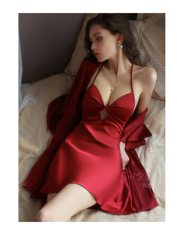 DZ Graceful Lady Sweet Light Luxury Satin Lingerie Passionate Hot Chest Pad Backless Nightdress Robe Set5591