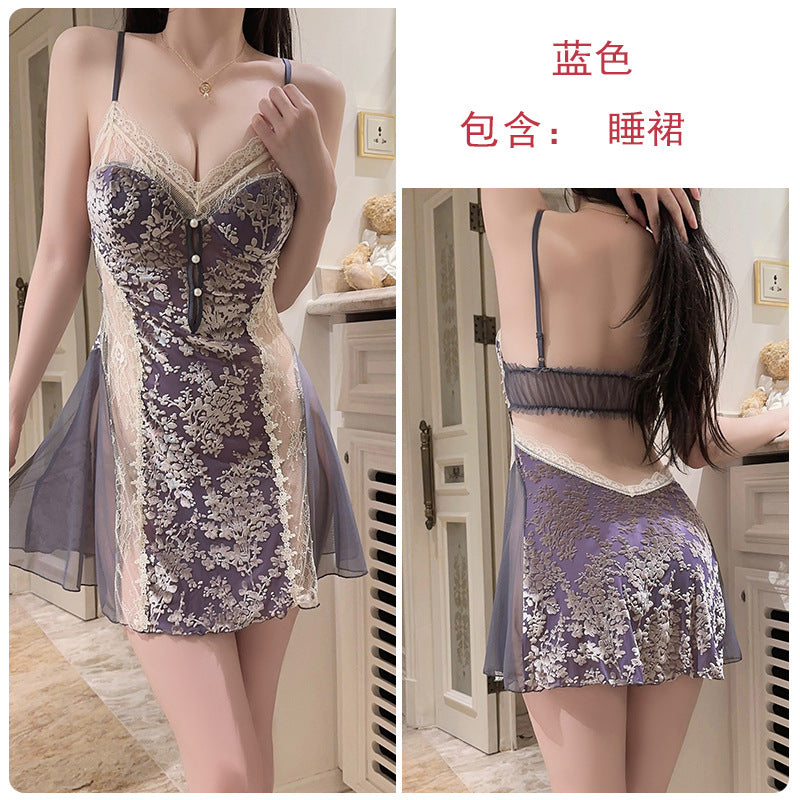 DZ Rose-like Deep V Padded Sleepwear Sweet Lazy Mesh Sexy Velvet Nightdress Robe Home Set C5928