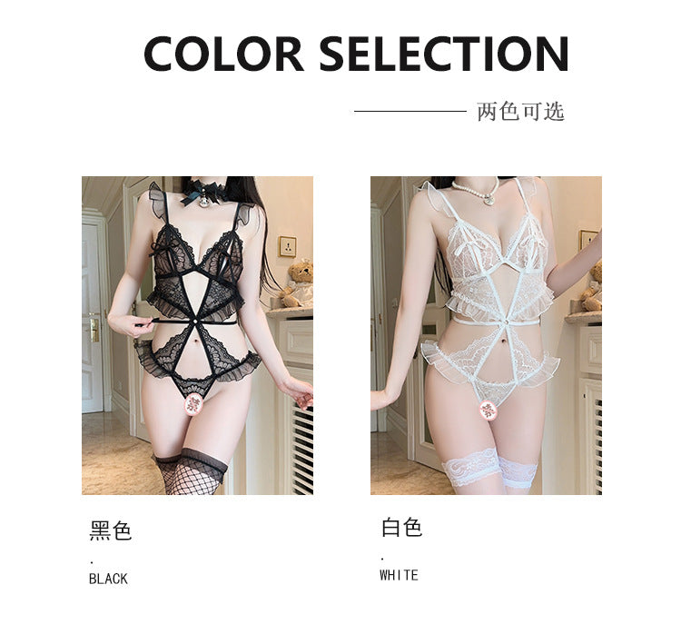 DZ Elegant Women's Lingerie Passionate Temptation Low-Cut Pure Desire Sweet See-Through Lace One-Piece Set G5530