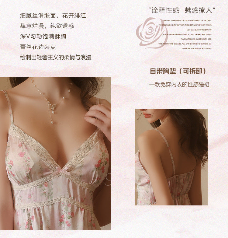 DZ Gorgeous Pure Desire Sweet Smooth Satin Nightdress Passionate Hot Plus Chest Pad Nightgown Plus Size Homewear Set5204