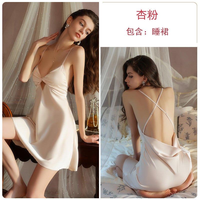 DZ Graceful Lady Sweet Light Luxury Satin Lingerie Passionate Hot Chest Pad Backless Nightdress Robe Set5591