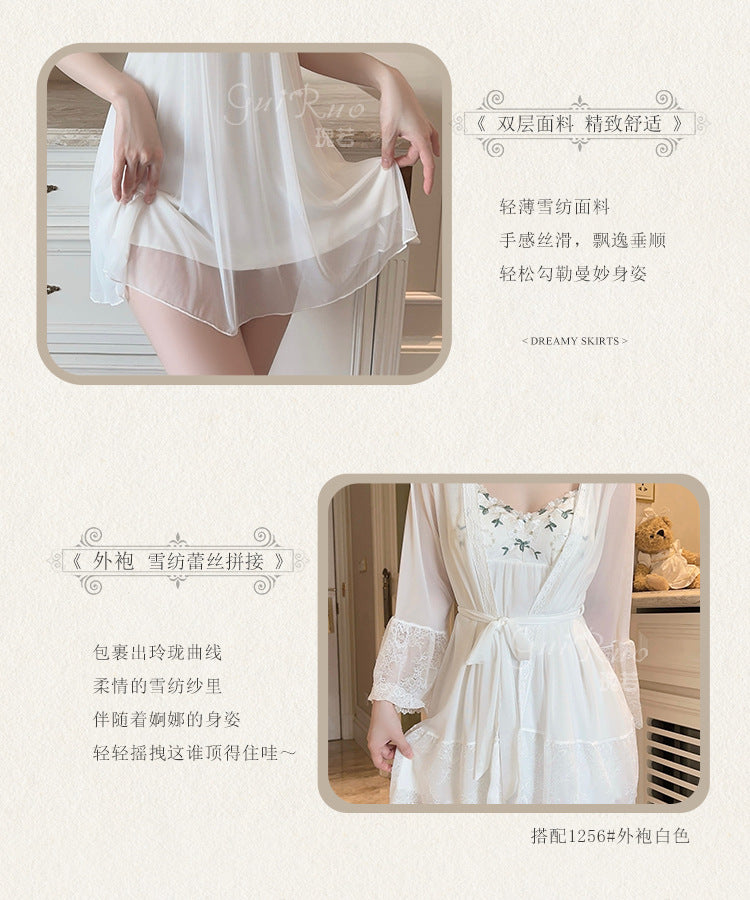 DZ Gorgeous Sexy Nightdress Passionate Temptation with Chest Pads Hot See-through Chiffon Lace Nightgown Robe Set5148