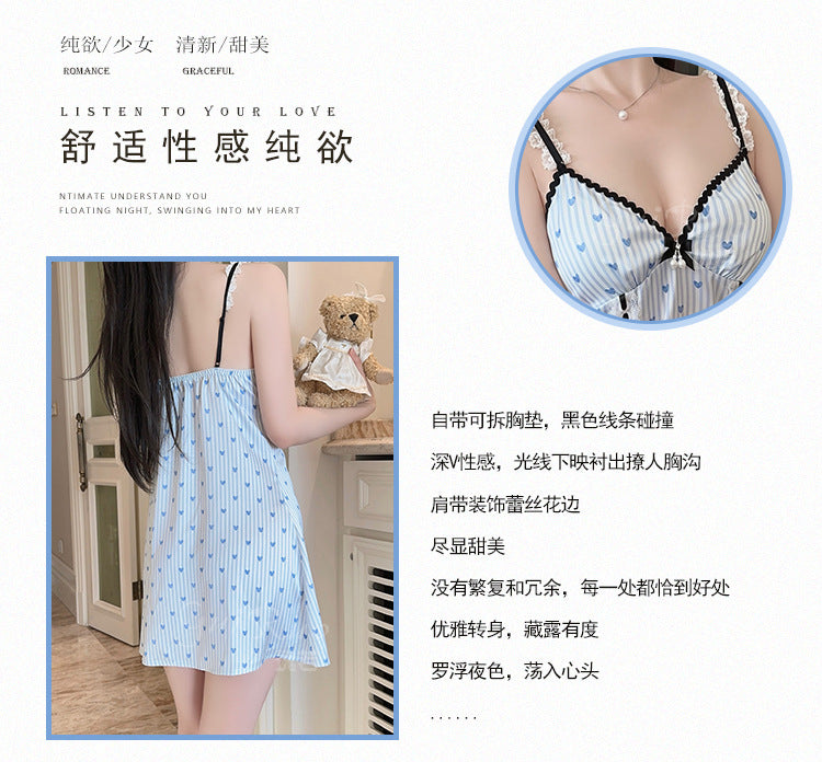 DZ Gorgeous Passionate Hot Smooth Ice Silk Pajamas Deep V Temptation Lazy Ladies Nightdress Set with Chest Pads5187