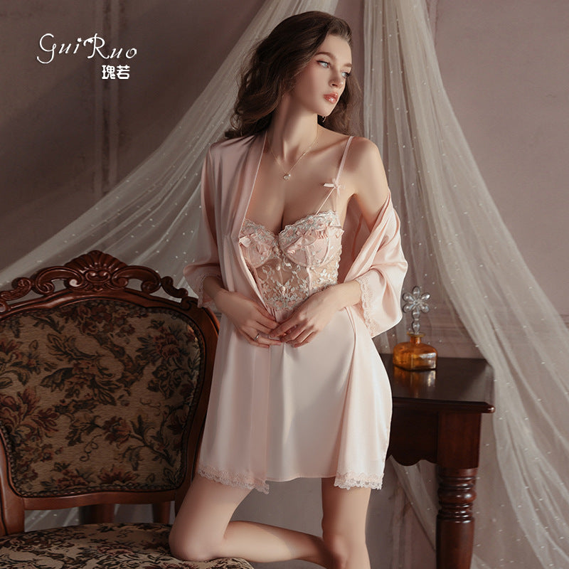 DZ Luxurious Plus Size Light Luxury Ice Silk Lingerie Passionate Hot Backless Sexy Padded Nightdress Robe Set4973