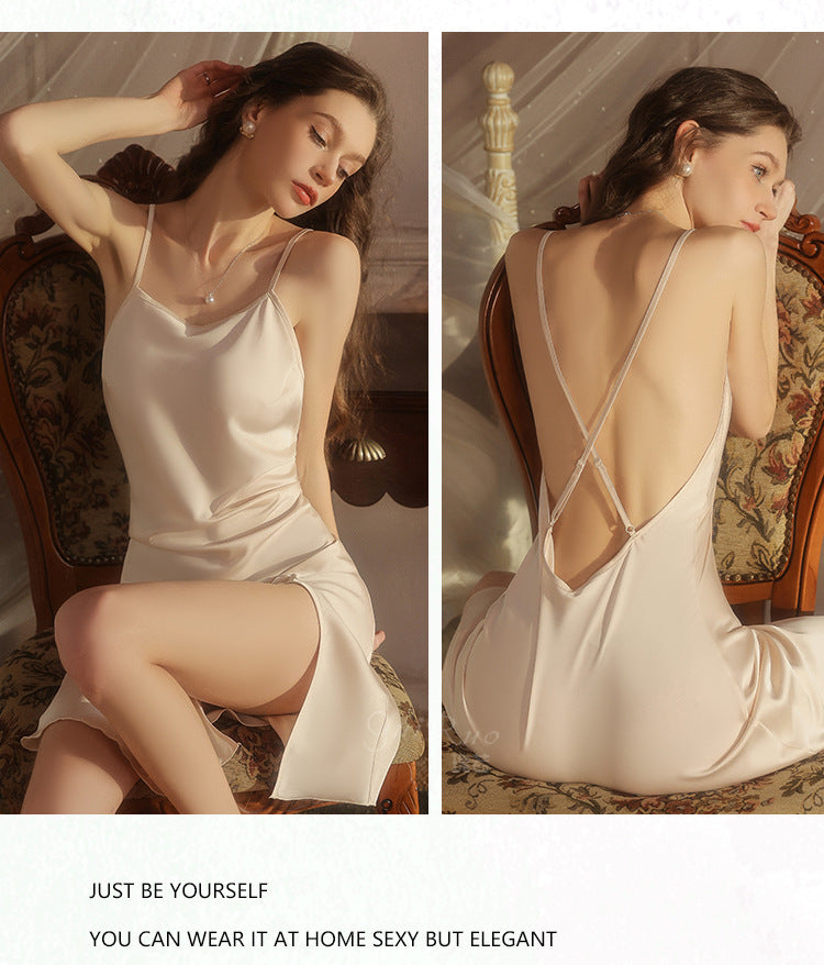 DZ Gorgeous Hot Lace-Up Backless Nightdress Sexy Temptation Slit Pure Desire Silky Satin Camisole Dress Set5606