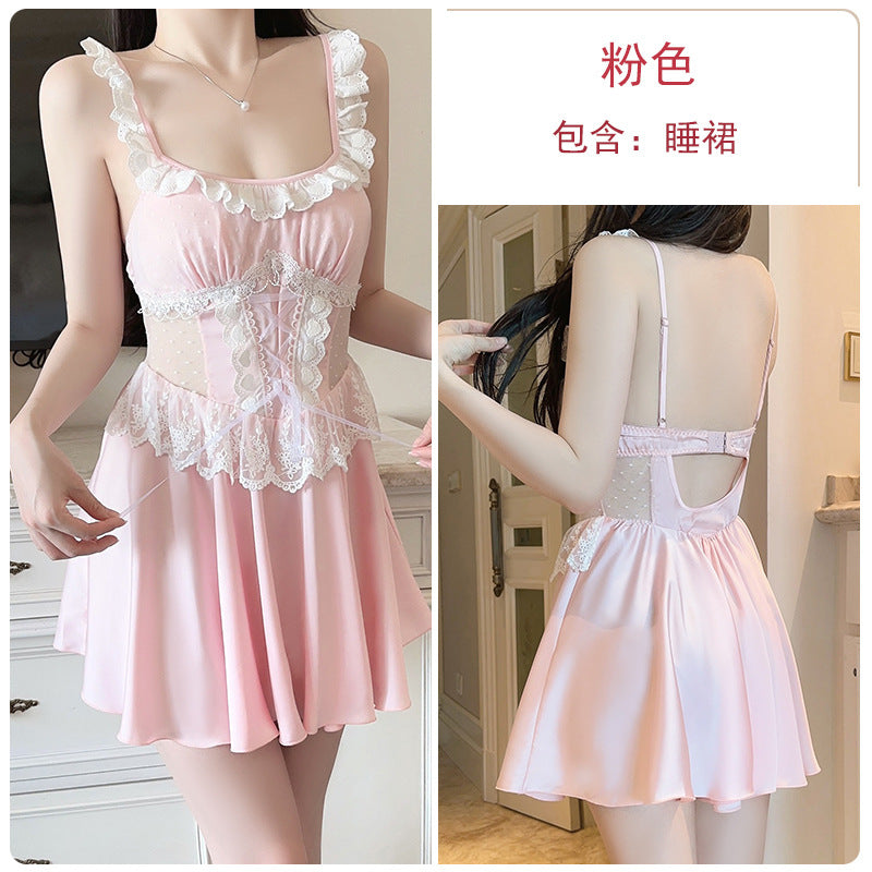 DZ Luxurious Plus Size Satin Nightgown Deep V Backless Pure Desire Sweet Nightdress with Chest Pads Home Set5395