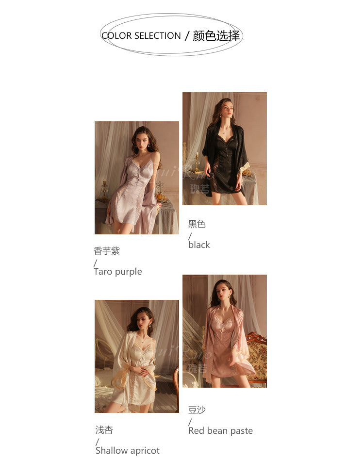 DZ Magnificent and fiery deep V Padded Bra Lingerie Pure Desire Backless Sexy Jacquard Nightdress Robe Home Set C5630