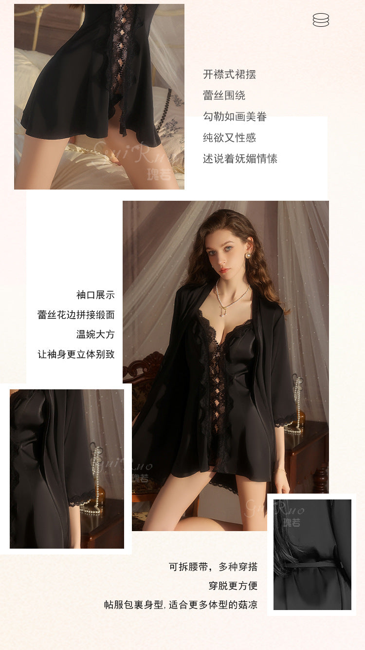 DZ Luxurious Smooth Ice Silk Nightdress Sexy Sheer Lace Deep V Open-front Nightdress and Robe Women's Set5219