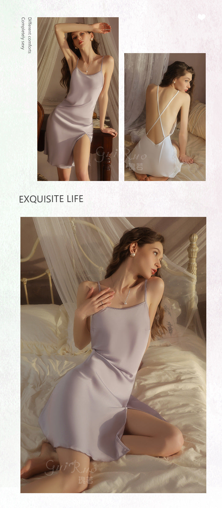 DZ Gorgeous Hot Lace-Up Backless Nightdress Sexy Temptation Slit Pure Desire Silky Satin Camisole Dress Set5606