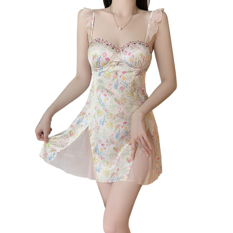 DZ Magnificent Pure Desire Smooth Satin Lingerie Deep V Sexy Mesh Nightdress Set with Chest Pads and Flutter Sleeves in Plus Size A5118