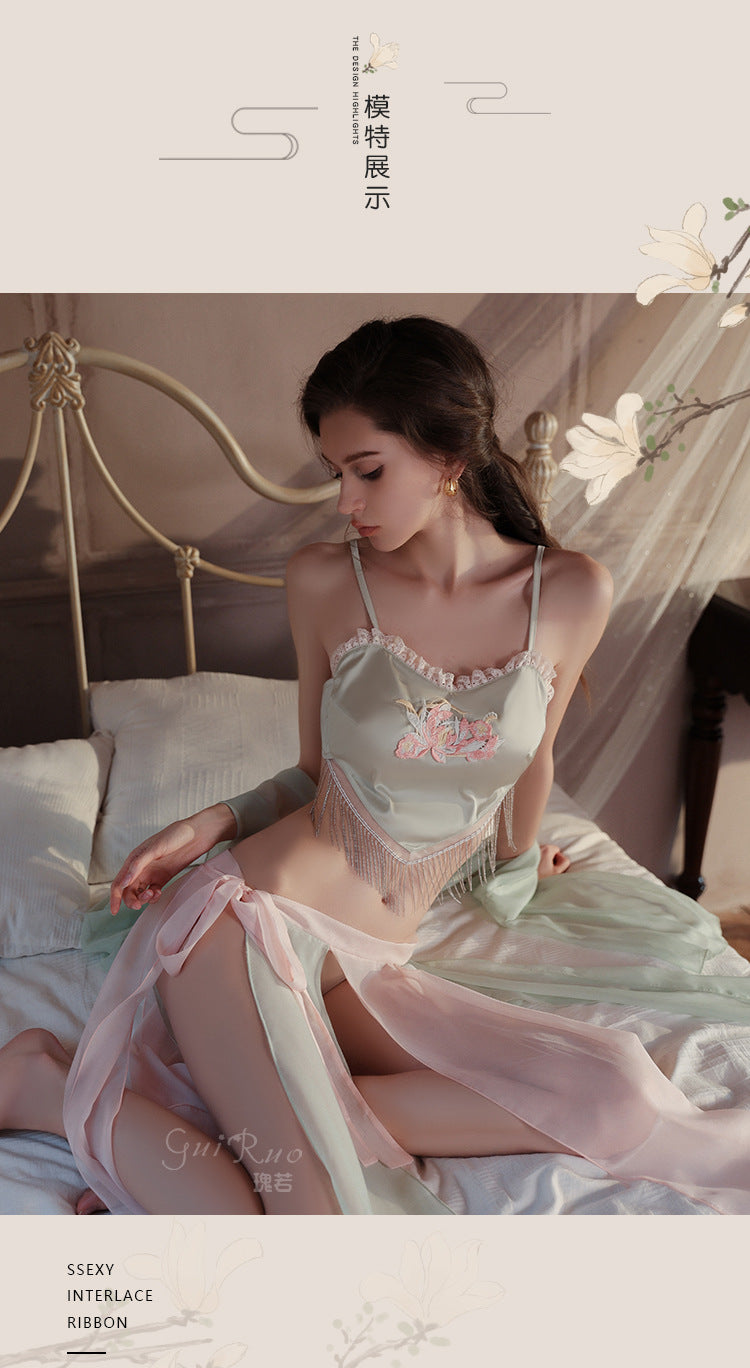 DZ Guiruo Brand Sexy Lingerie Pure Desire National Style Embroidered Bellyband Sexy Slit Split Skirt Uniform Set5042