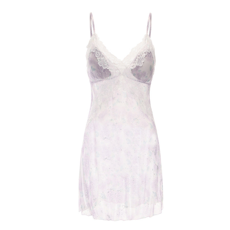 DZ Rose-like Deep V Padded Bra Sweet Sheer Chiffon Pure Desire Lace Camisole Nightdress Homewear Set4903
