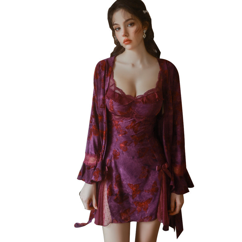 DZ Gorgeous Sexy Backless Nightdress Pure Desire Sweet Butterfly Print with Chest Pads Sleepwear Robe Women's Set QJ5286