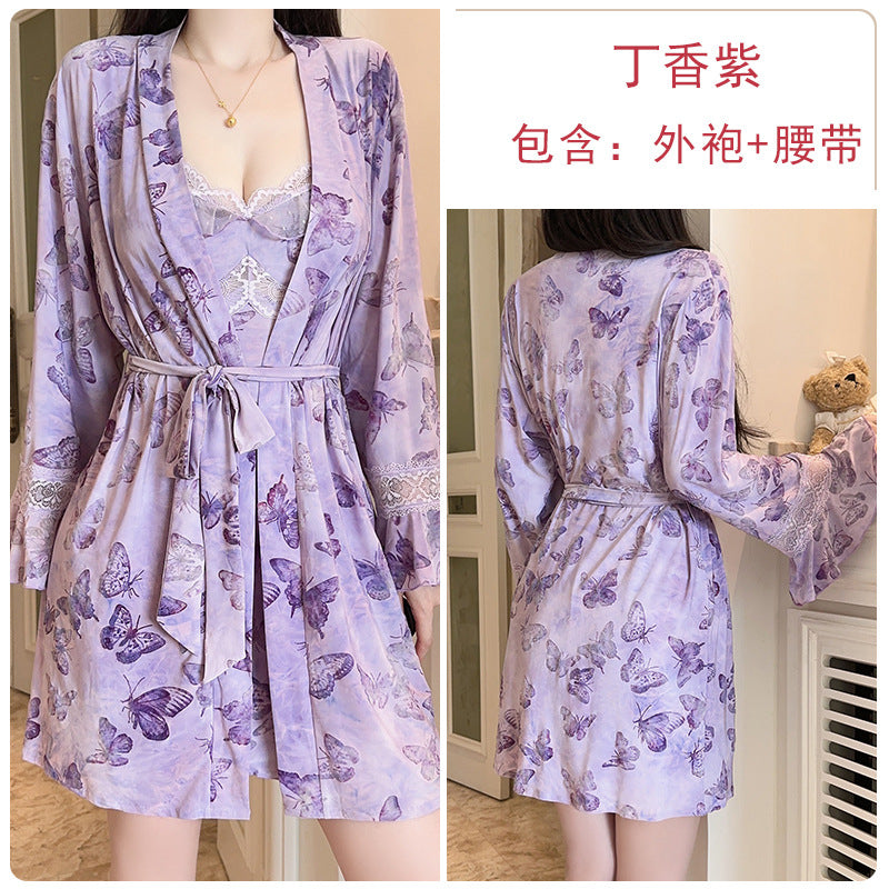 DZ Gorgeous Sexy Backless Nightdress Pure Desire Sweet Butterfly Print with Chest Pads Sleepwear Robe Women's Set QJ5286