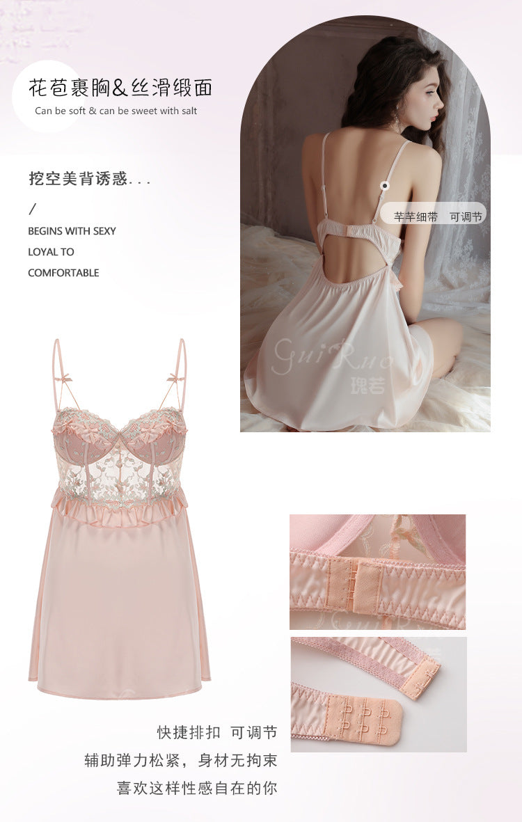 DZ Luxurious Plus Size Light Luxury Ice Silk Lingerie Passionate Hot Backless Sexy Padded Nightdress Robe Set4973