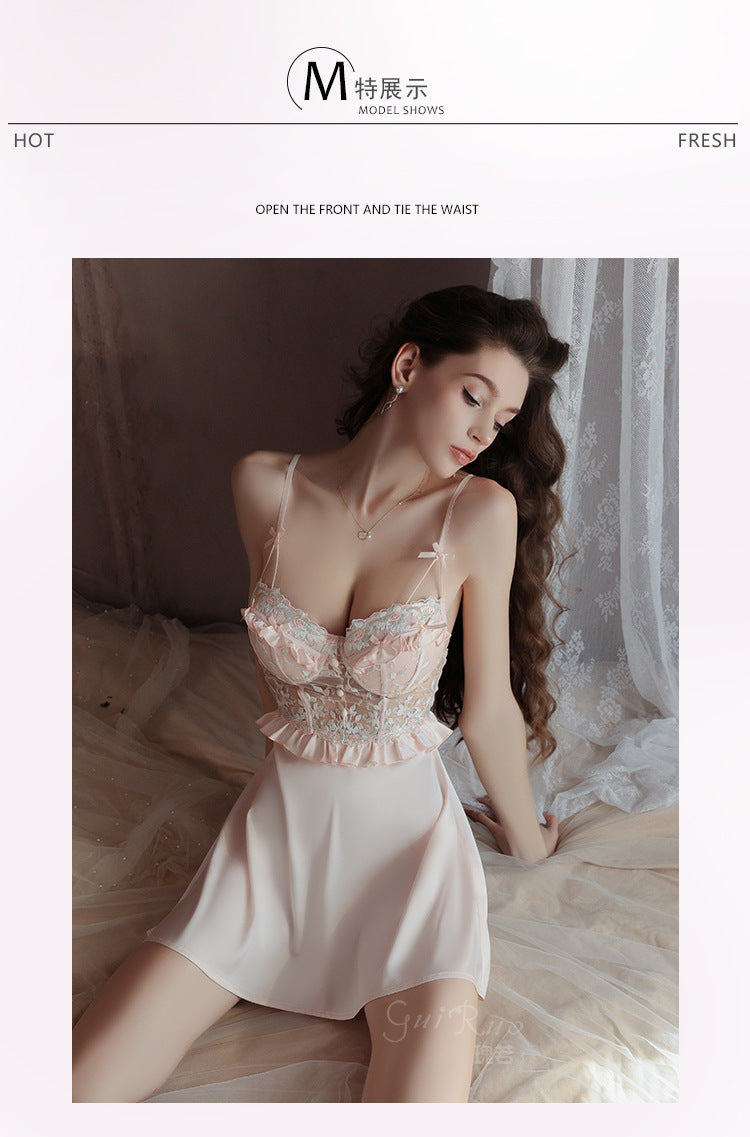 DZ Luxurious Plus Size Light Luxury Ice Silk Lingerie Passionate Hot Backless Sexy Padded Nightdress Robe Set4973