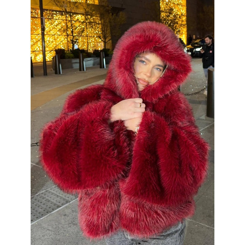 Solid Color Hooded Fur Coat Cross-Border European and American Style Eye-Catching Warm Comfortable Fashionable Fur