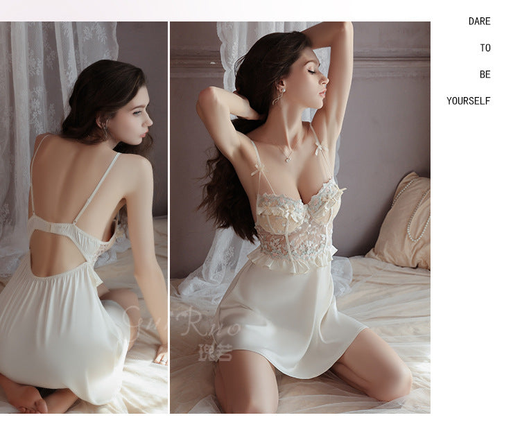 DZ Luxurious Plus Size Light Luxury Ice Silk Lingerie Passionate Hot Backless Sexy Padded Nightdress Robe Set4973