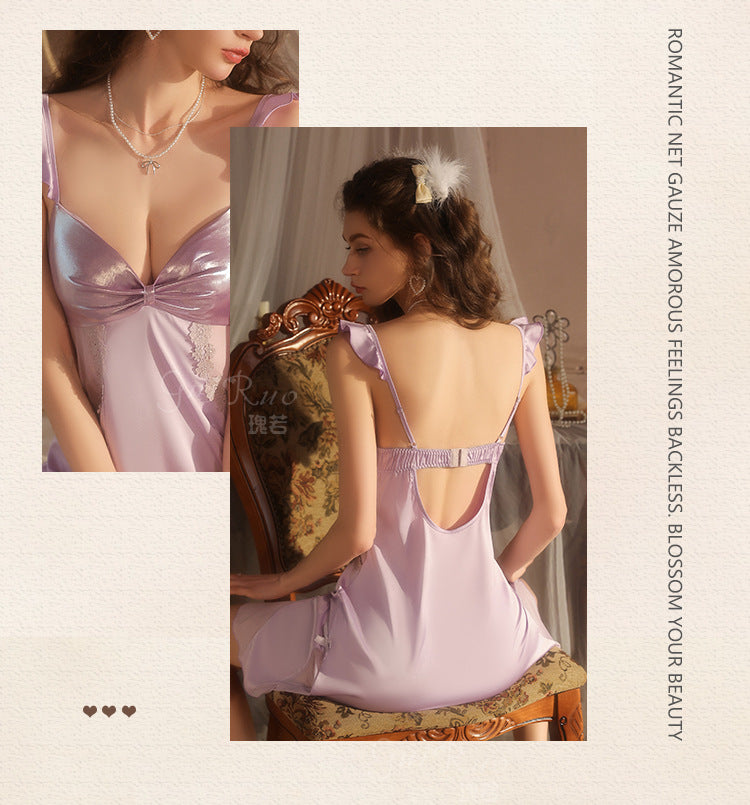 DZ Elegant Women's Light Luxury Smooth Satin Nightgown Deep V Backless Sexy Padded Nightdress Homewear Set C5542