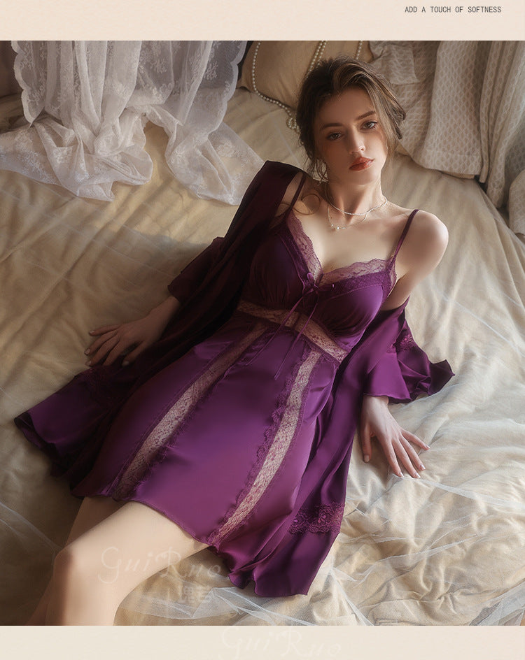 DZ Elegant Plus Size Women's Ice Silk Nightgown Deep V Gathered Padded Pure Desire Lace Nightdress and Robe Set5237