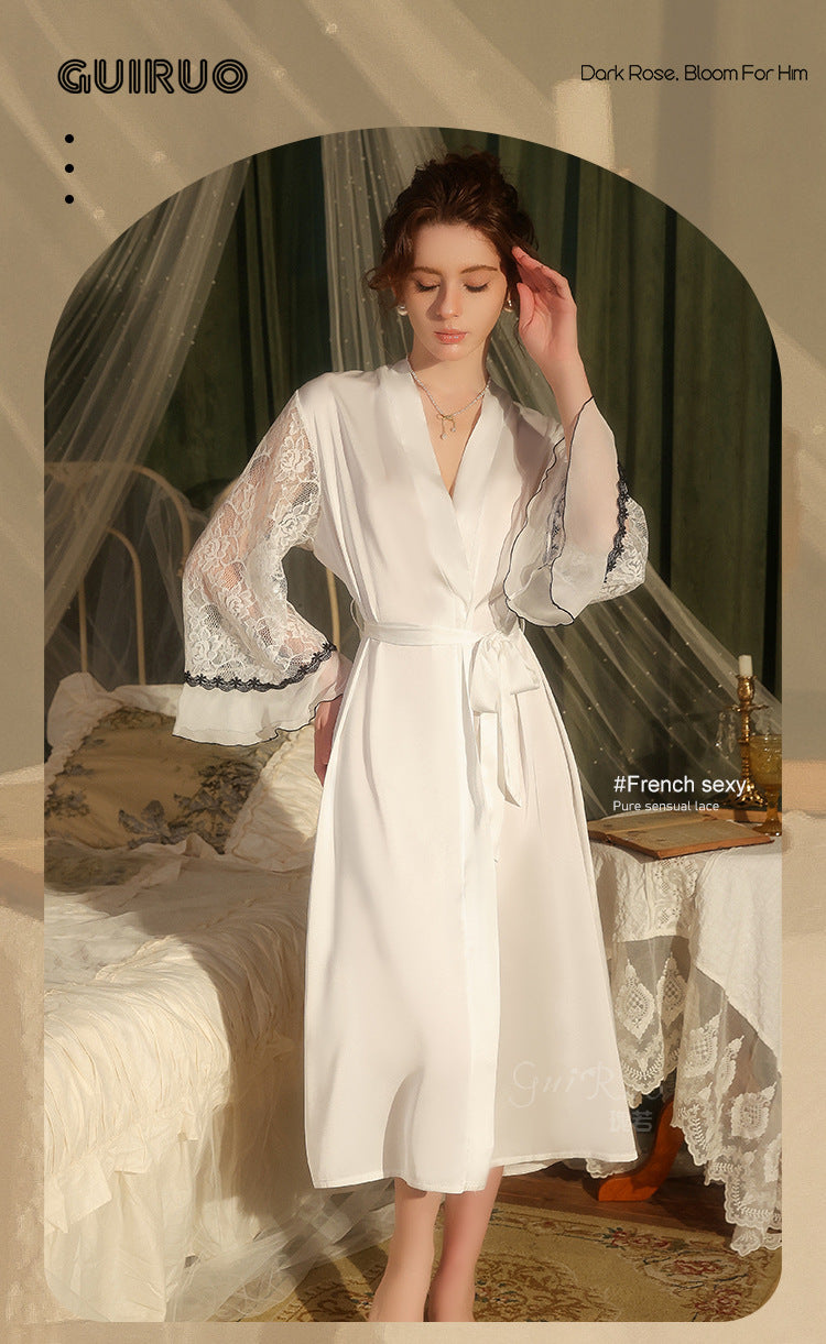 DZ Guiruo Brand Light Luxury Satin Nightgown Sweet See-through Lace Decoration Sexy Lace-up Robe Women's Set5471