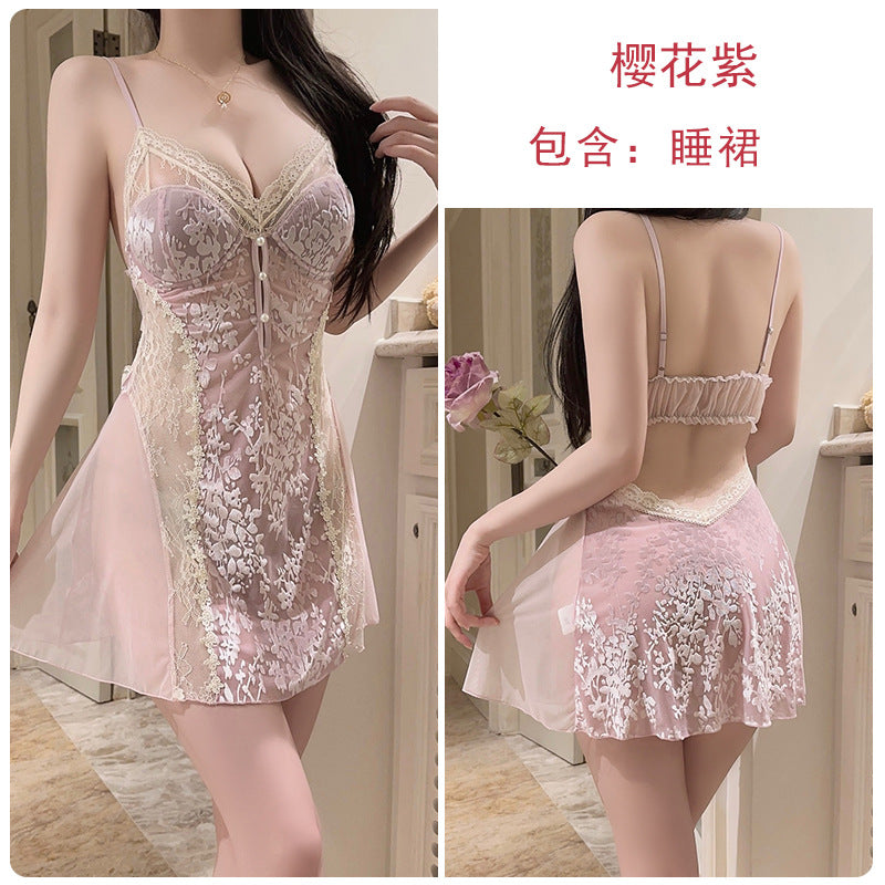 DZ Rose-like Deep V Padded Sleepwear Sweet Lazy Mesh Sexy Velvet Nightdress Robe Home Set C5928