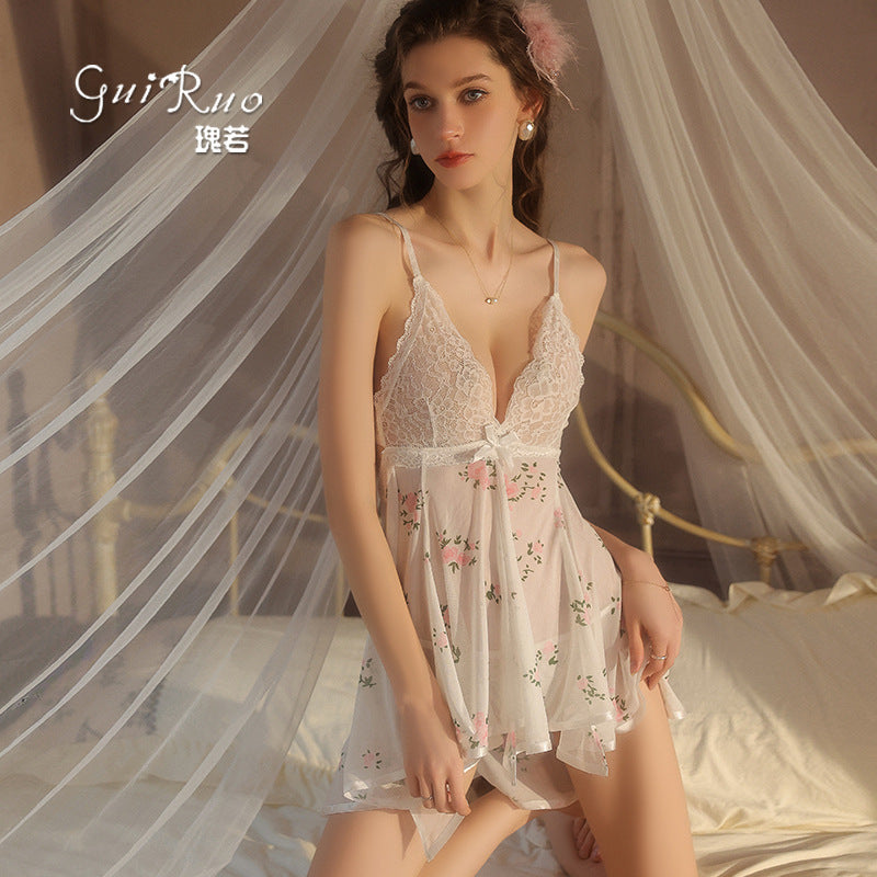 DZ Magnificent Women's Lingerie Passionate Deep V Low-cut Sexy Pure Desire Sheer Mesh Camisole Dress Set5667