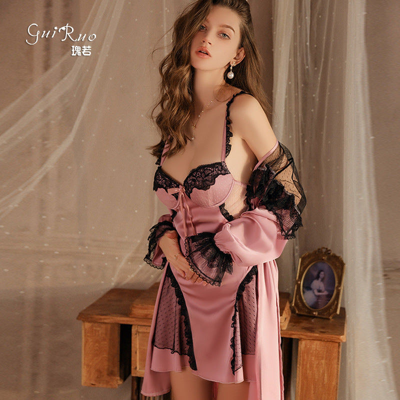 DZ Gorgeous Sexy Backless Temptation Nightdress with Chest Pads Pure Desire Lace Robe Plus Size Loungewear Set P4000