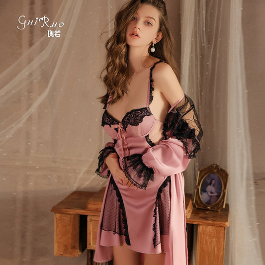 DZ Gorgeous Sexy Backless Temptation Nightdress with Chest Pads Pure Desire Lace Robe Plus Size Loungewear Set P4000