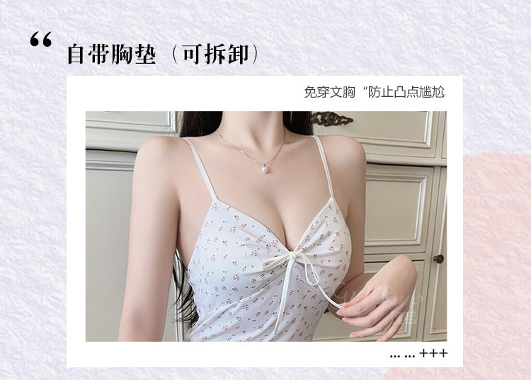 DZ Rose-like Deep V Push-Up Padded Bra Pure Desire Temptation Slim Sexy Printed Nightdress Plus Size Set5841