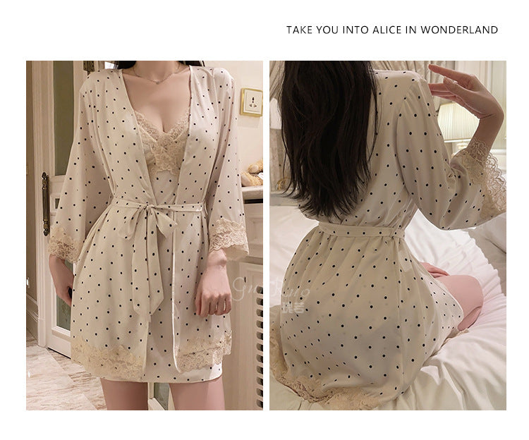 DZ Luxurious and Sexy Nightdress with Chest Pads, Sweet Ice Silk Nightgown and Robe Home Set4905