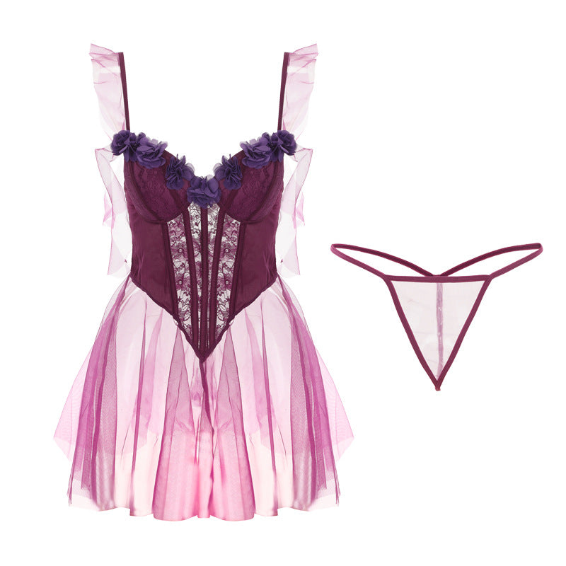 DZ Gorgeous Plus Size Lingerie Passionate Temptation Sheer Mesh Lazy Sleepwear with Chest Pads Sexy Set A5144