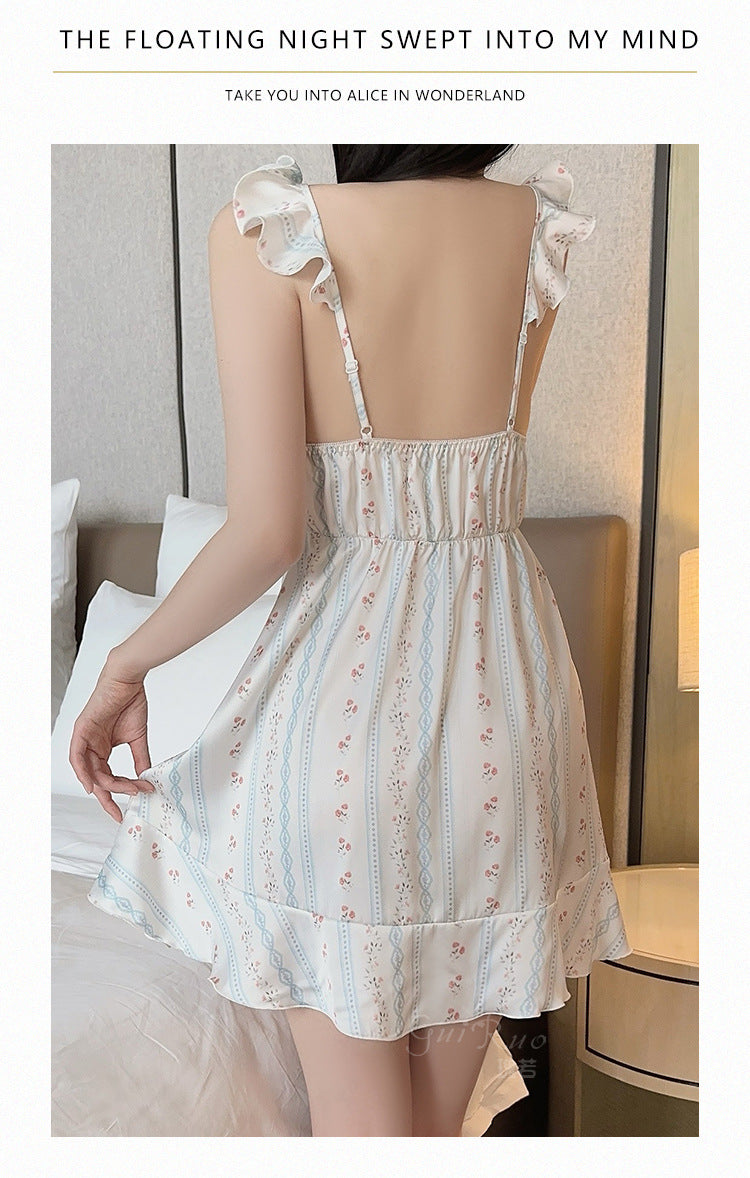 DZ Magnificent Pure Desire Smooth Satin Lingerie Passionate and Hot Deep V Sexy nightdress with chest pads home set4875