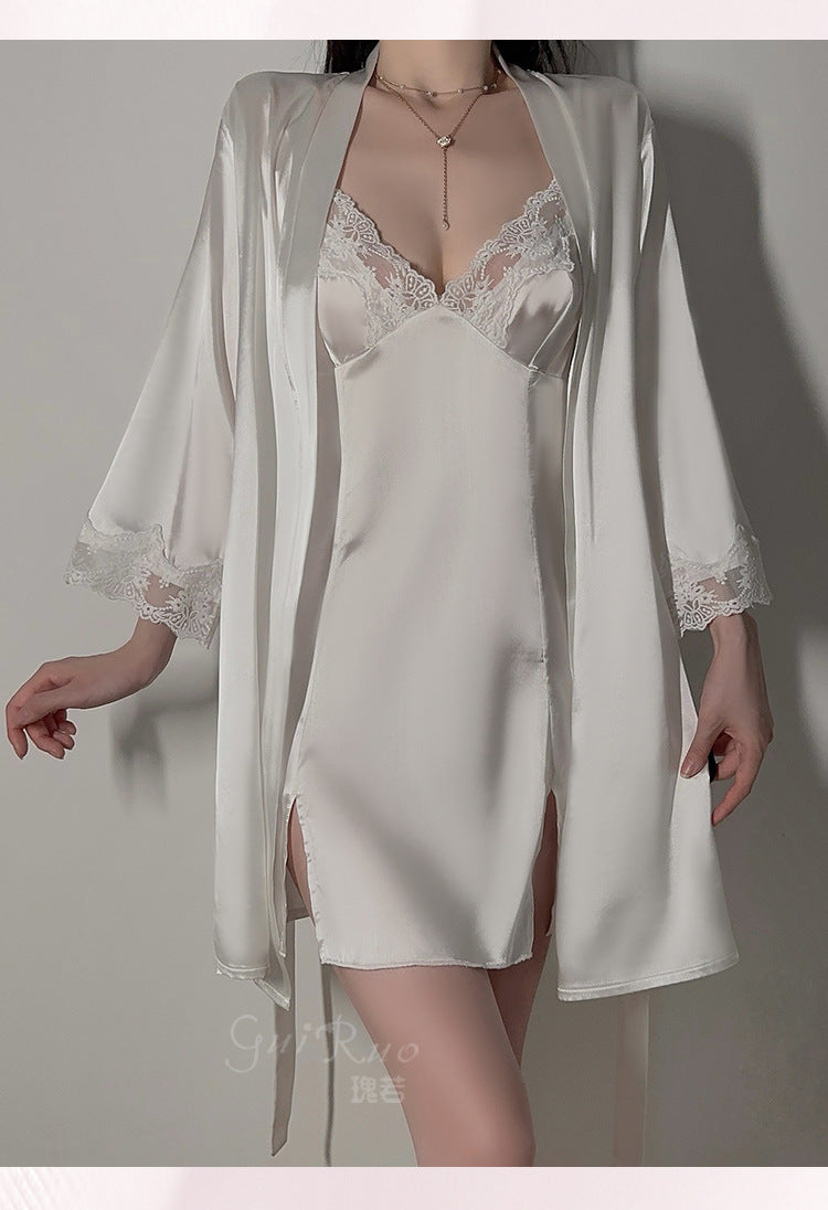 DZ Magnificent and fiery deep V Low-Cut Lingerie Pure Desire Simple Smooth Ice Silk Nightdress Lace-Up Robe Women's Set5149