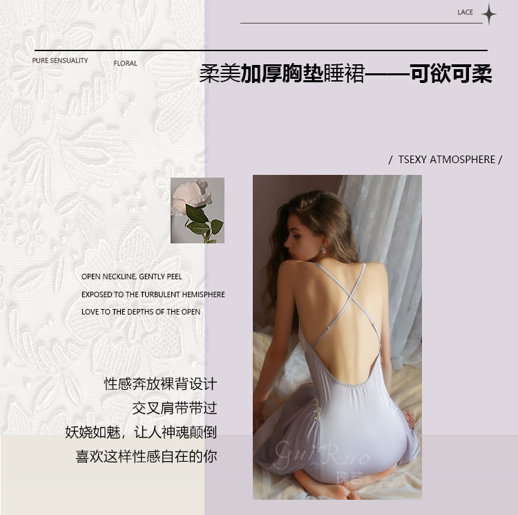 DZ Luxurious Plus Size Light Luxury Ice Silk Lingerie Passionate Hot Backless Padded Nightdress Robe Homewear Set4940