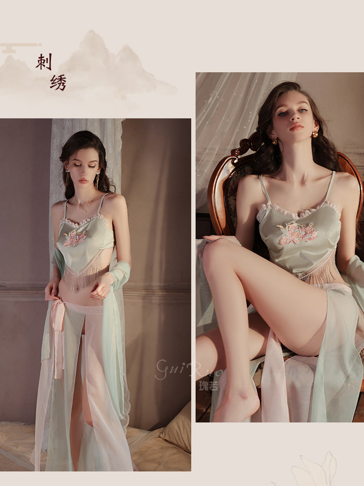 DZ Guiruo Brand Sexy Lingerie Pure Desire National Style Embroidered Bellyband Sexy Slit Split Skirt Uniform Set5042