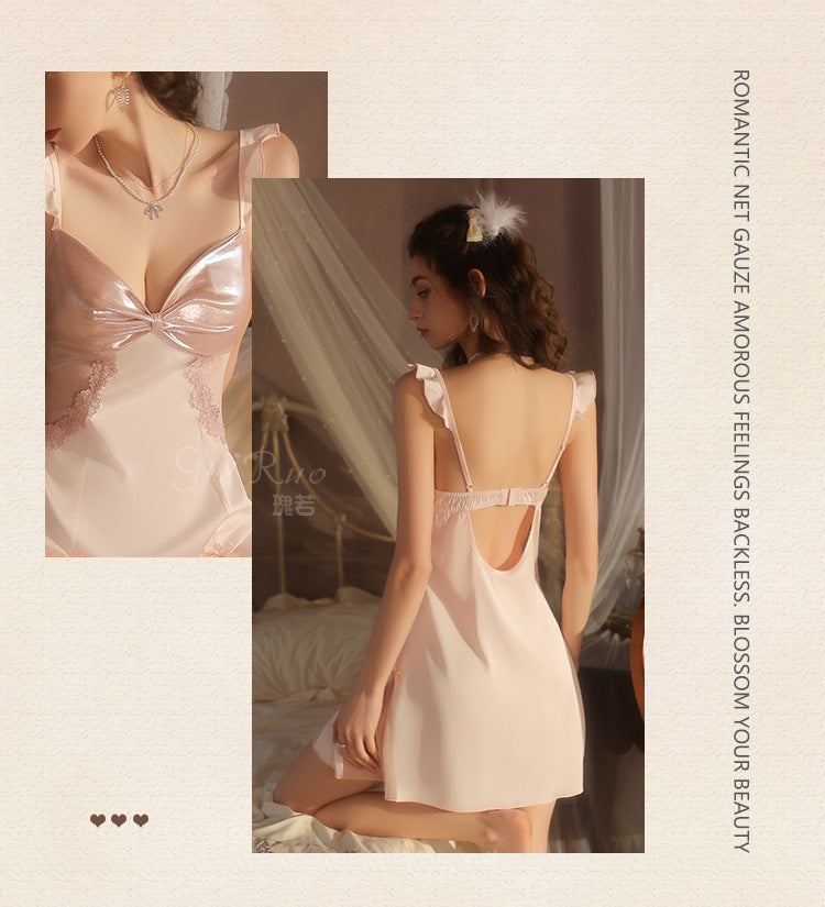 DZ Elegant Women's Light Luxury Smooth Satin Nightgown Deep V Backless Sexy Padded Nightdress Homewear Set C5542