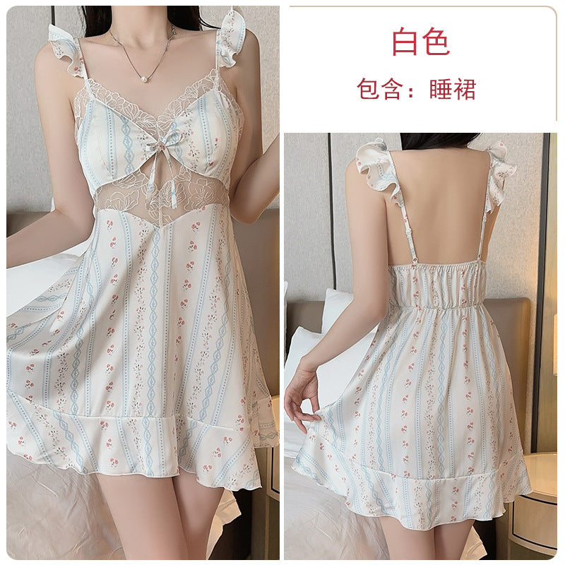 DZ Magnificent Pure Desire Smooth Satin Lingerie Passionate and Hot Deep V Sexy nightdress with chest pads home set4875