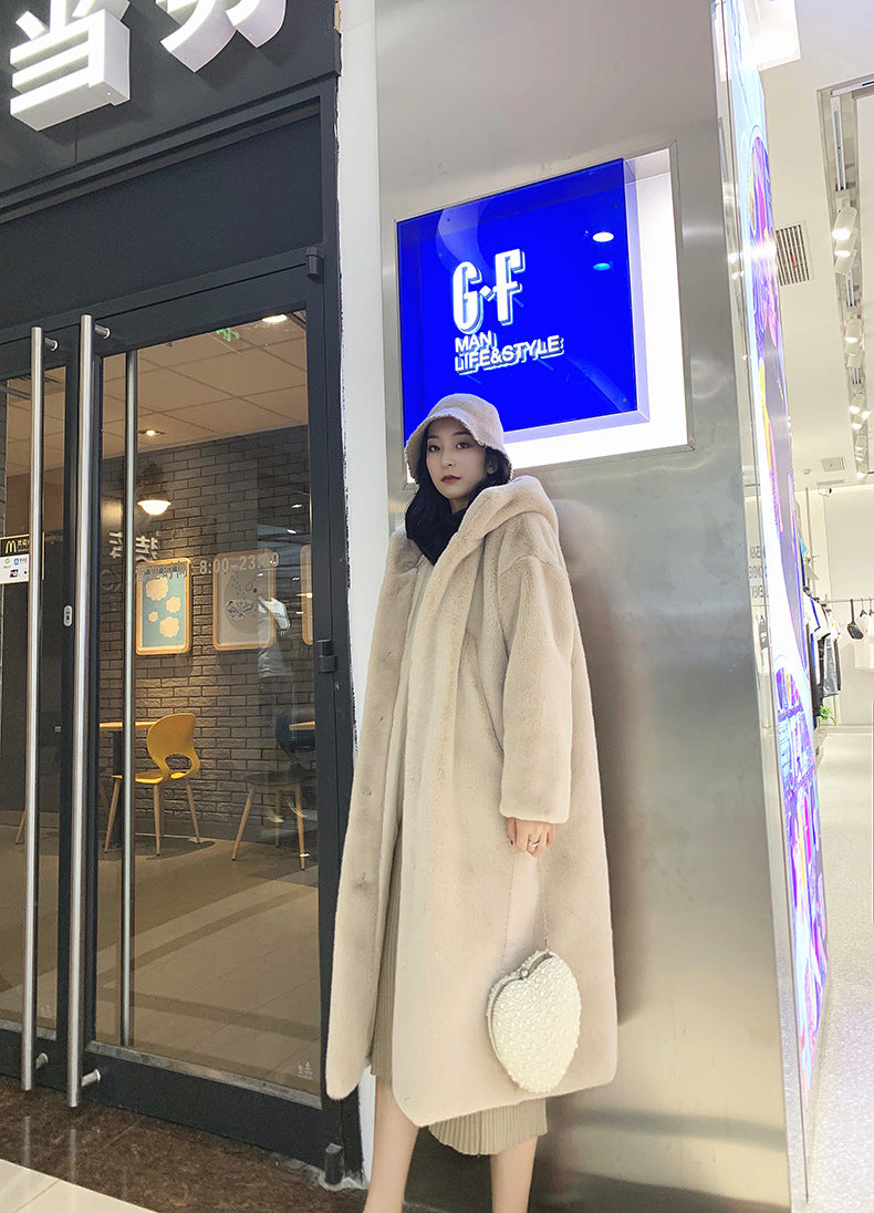 New Korean version of mink fur thick loose plush hooded long coat.