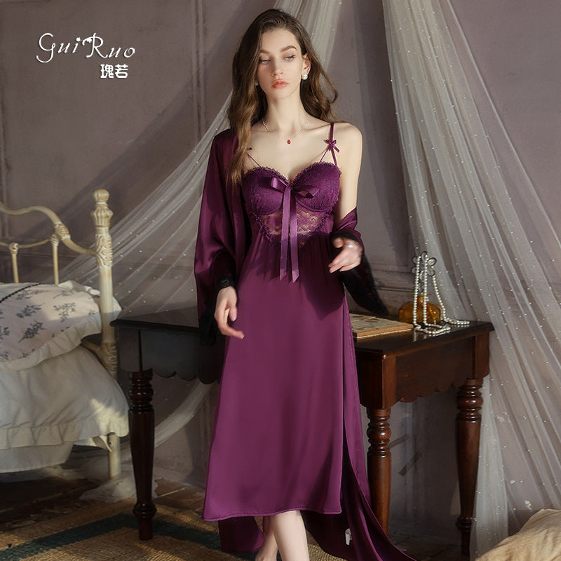 DZ Gorgeous Sexy Satin Nightdress Light Luxury Sweet Lace Deep V Gathered Padded Nightdress and Robe Set5045