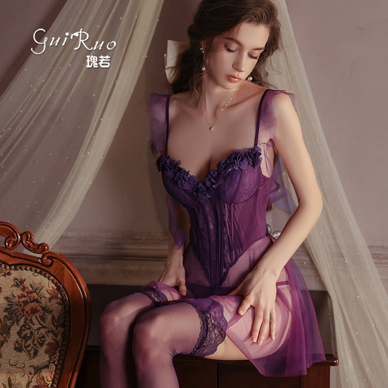 DZ Gorgeous Plus Size Lingerie Passionate Temptation Sheer Mesh Lazy Sleepwear with Chest Pads Sexy Set A5144