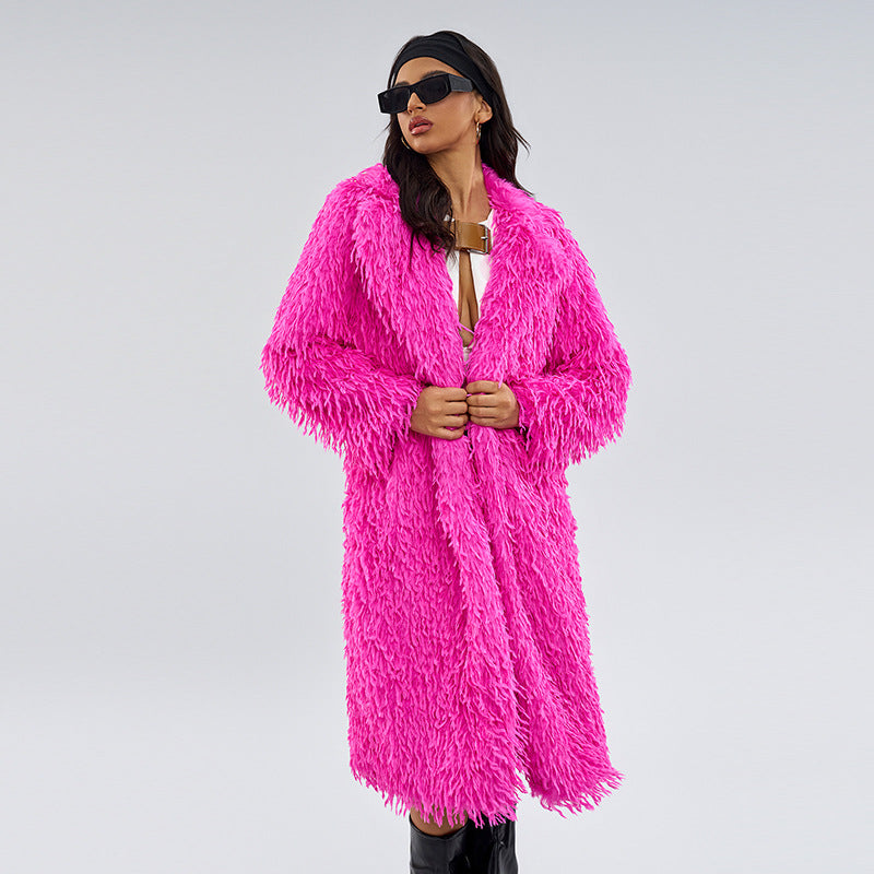 Cross-Border Foreign Trade European and American Fur Coat Warm Solid Color Fashionable Fur Extended Length Fur Coat Unique Overcoat