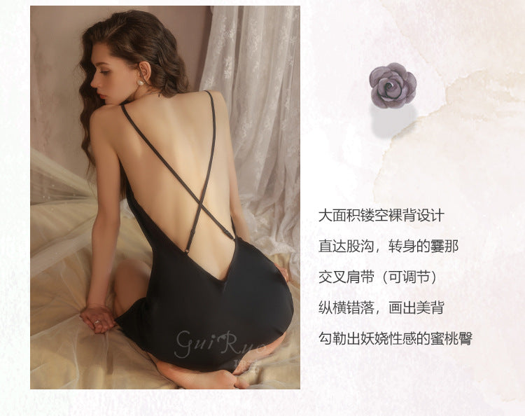 DZ Gorgeous Hot Lace-Up Backless Nightdress Sexy Temptation Slit Pure Desire Silky Satin Camisole Dress Set5606