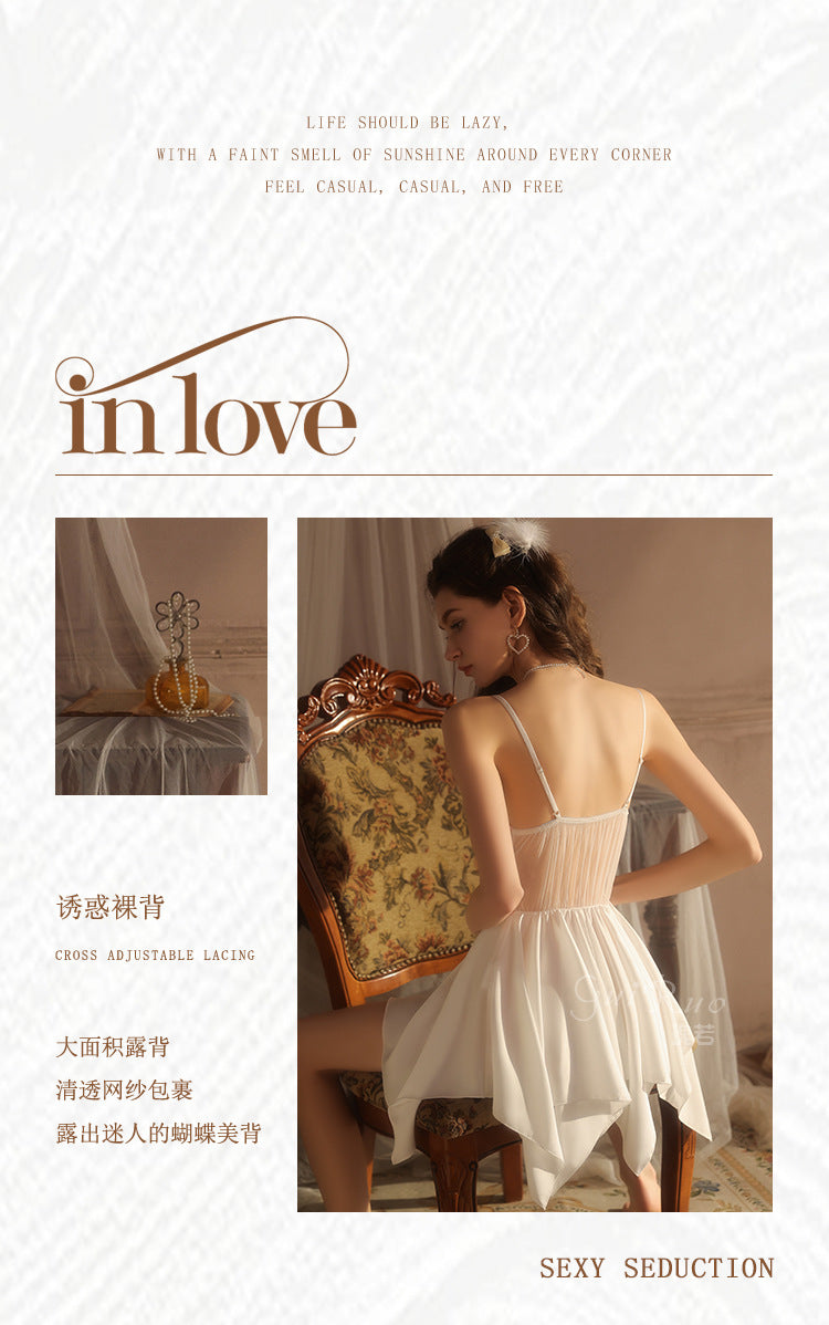 DZ Gorgeous Hot Padded Nightdress Light Luxury Mesh Backless Sexy Silky Satin Nightgown Homewear Set5228