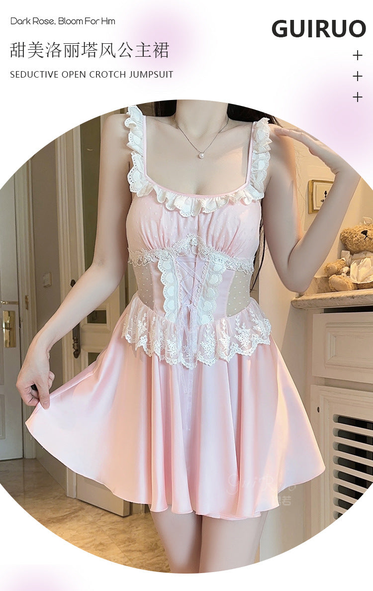 DZ Luxurious Plus Size Satin Nightgown Deep V Backless Pure Desire Sweet Nightdress with Chest Pads Home Set5395