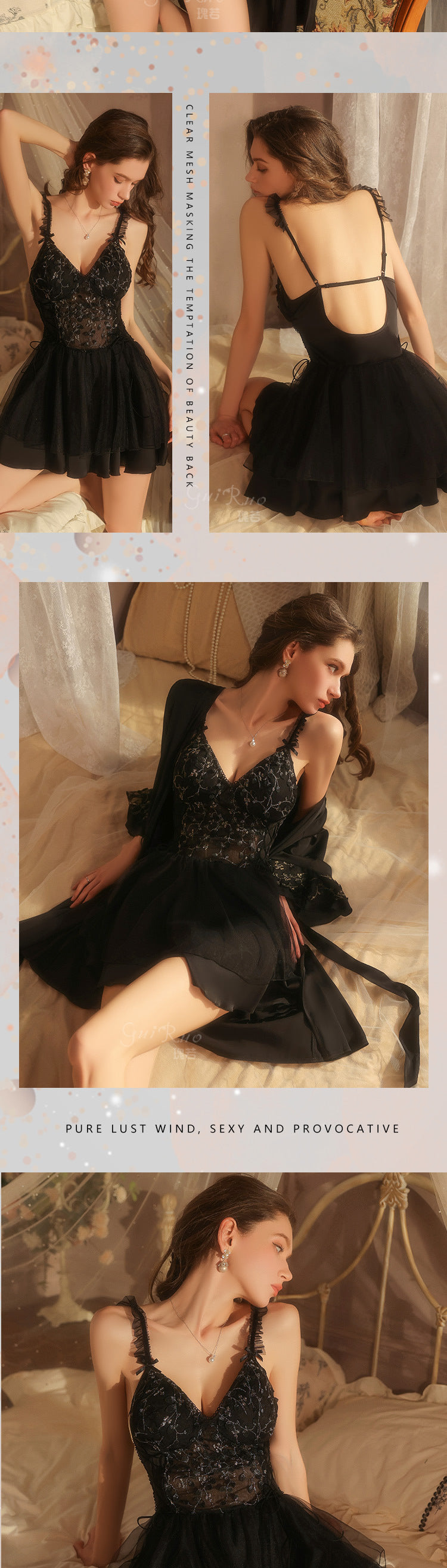 DZ Luxurious Ice Silk Lingerie Sweet Temptation Lace Deep V Padded Nightdress with Open Front Robe Set M5516