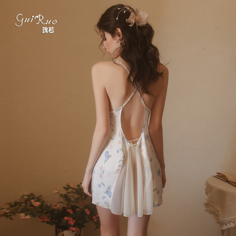 DZ Gorgeous Pure Desire Printed Satin Nightdress Passionate Hot Backless Sexy Open Front Plus Size Camisole Dress Set5140