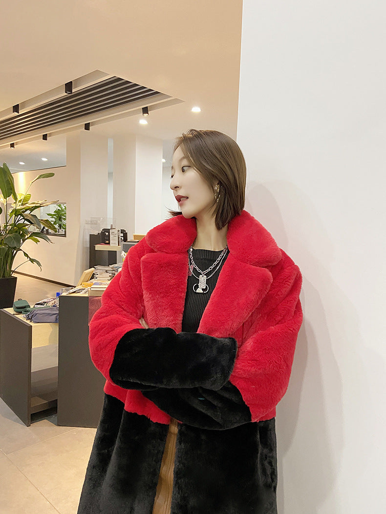 Loose mink fur stitching long coat Mao Mao suit collar women's coat